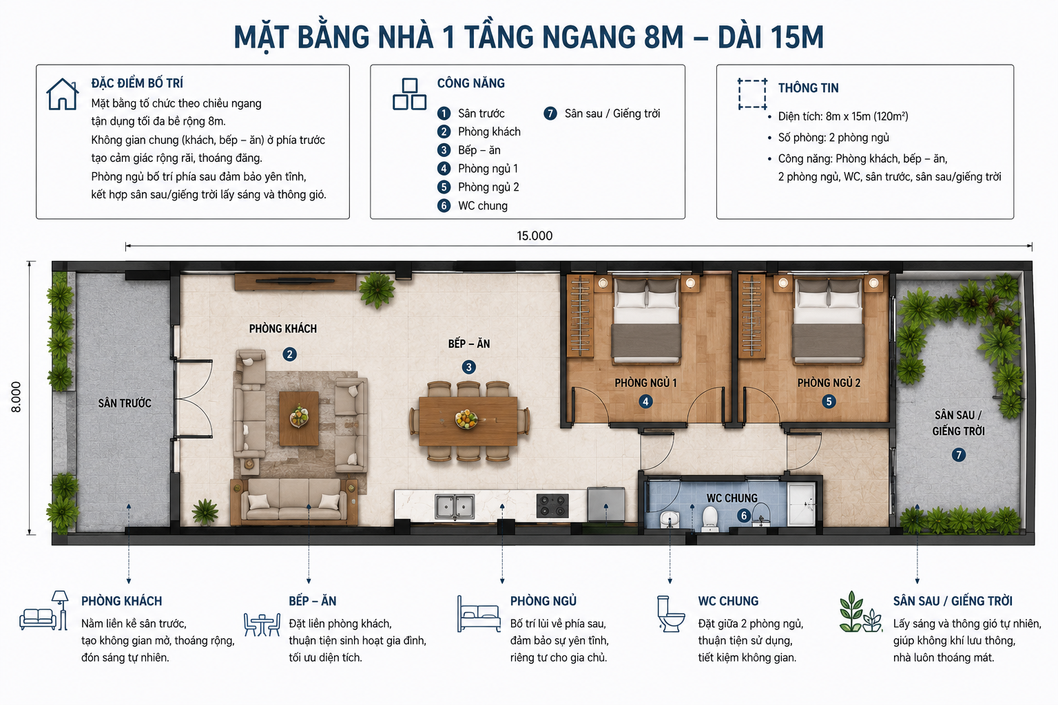 Gợi ý bố trí công năng nhà ngang 8m dài 15m phổ biến