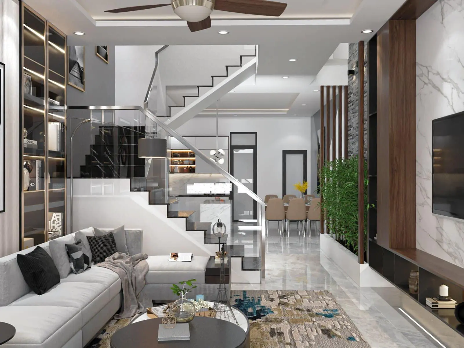 Mẫu thiết kế nội thất nhà ống 5m có cầu thang giữa nhà