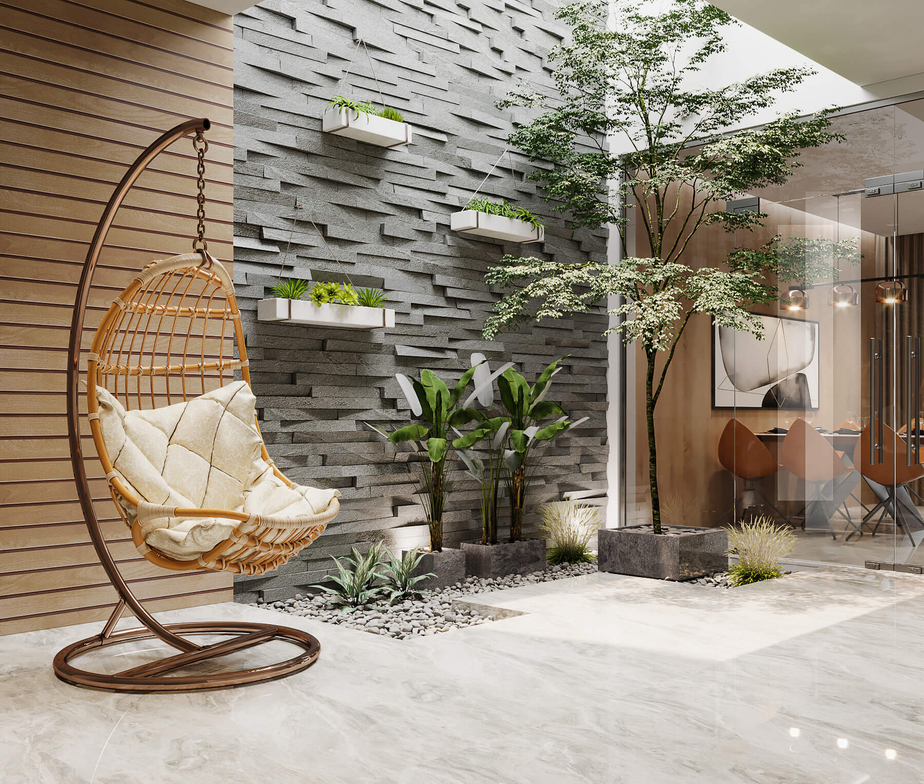 Mẫu thiết kế nội thất nhà phố 5x20 có giếng trời