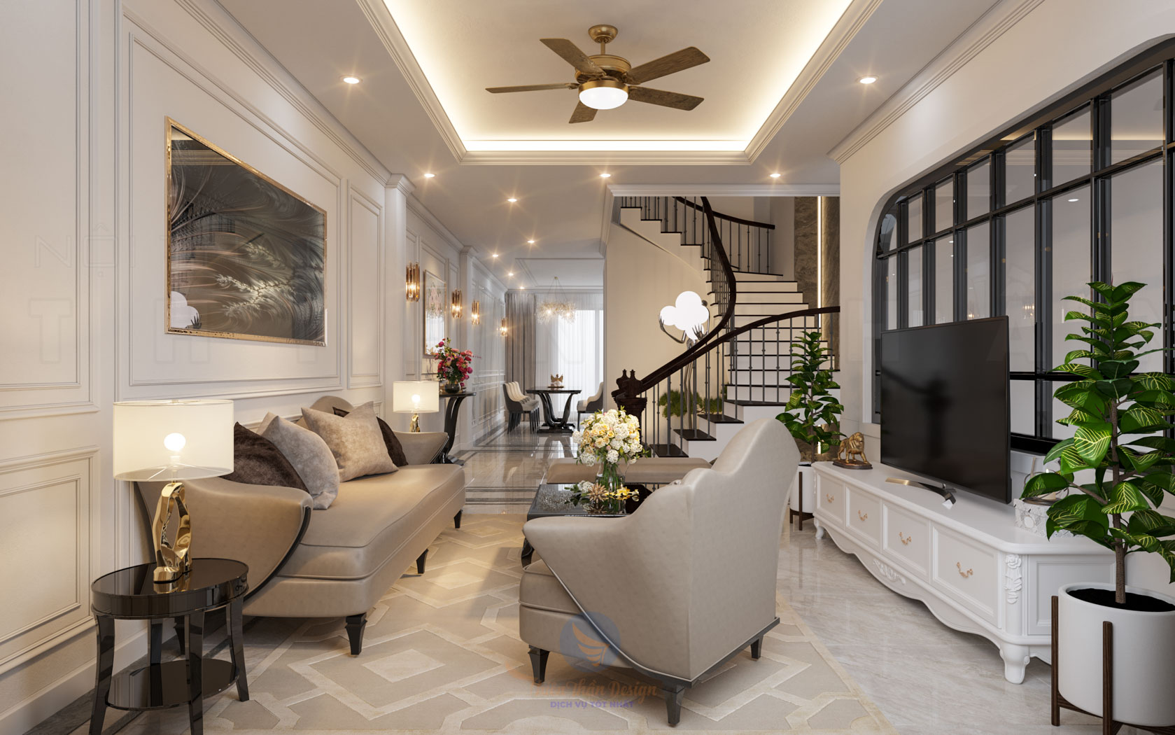 Mẫu thiết kế nội thất nhà phố 5x20 có cầu thang giữa nhà