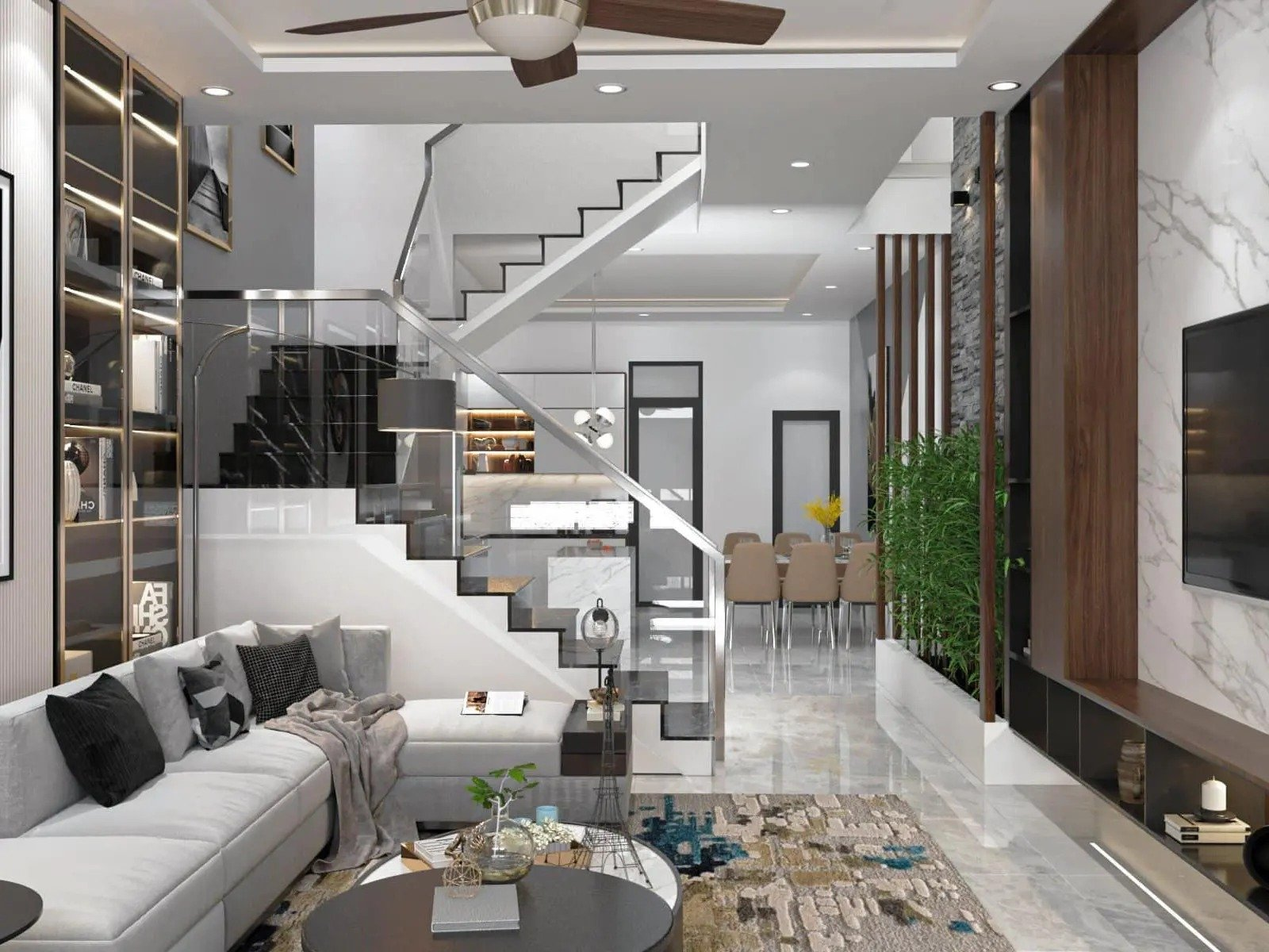 Mẫu thiết kế nội thất nhà phố 5x20 có cầu thang giữa nhà