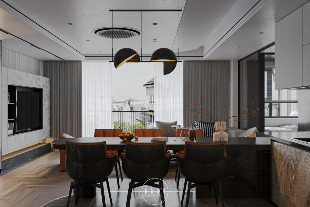 Mẫu thiết kế nội thất nhà phố 5x20 liên thông khách - bếp