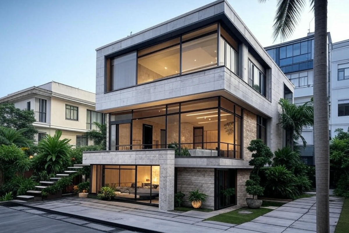 Khung cửa lớn tạo không gian mở, ánh sáng tự nhiên vào căn nhà