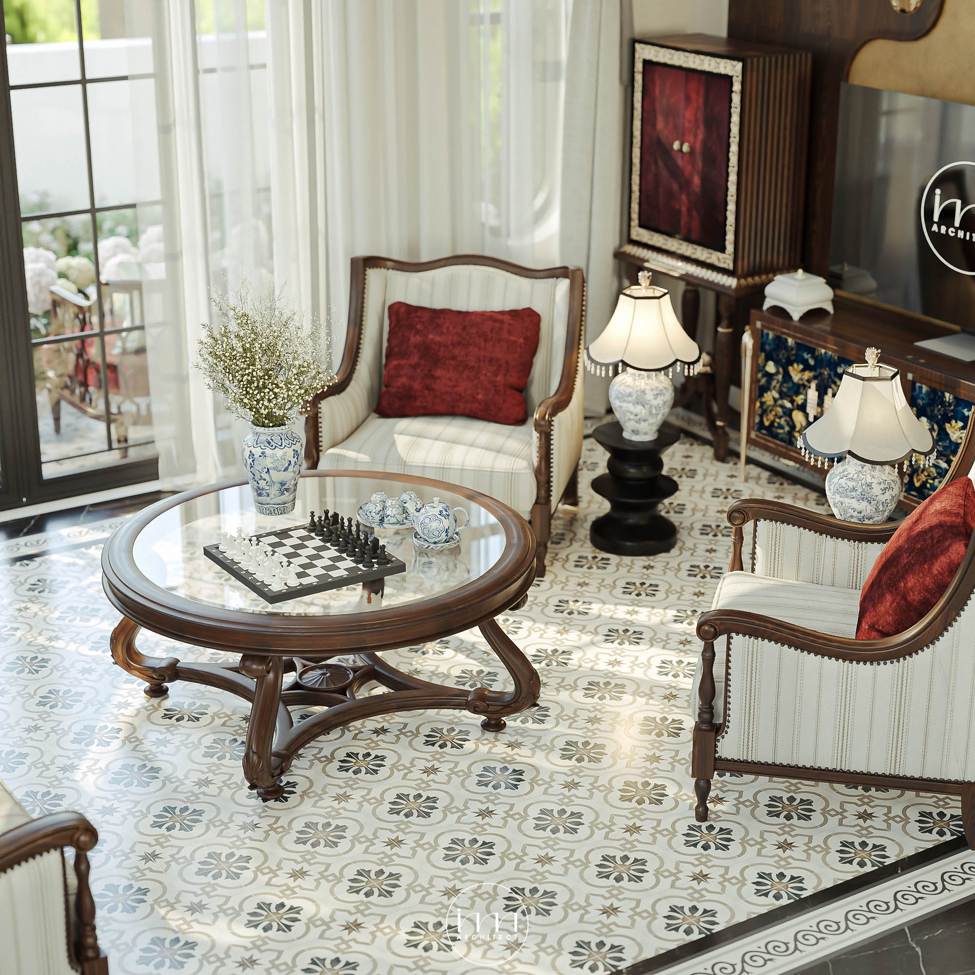Phòng khách của thiết kế biệt thự phong cách Indochine với vẻ đẹp xa hoa, lộng lẫy