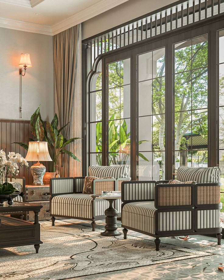 Thiết kế cửa kính lớn giúp thiết kế biệt thự phong cách Indochine tận dụng được ánh sáng tự nhiên