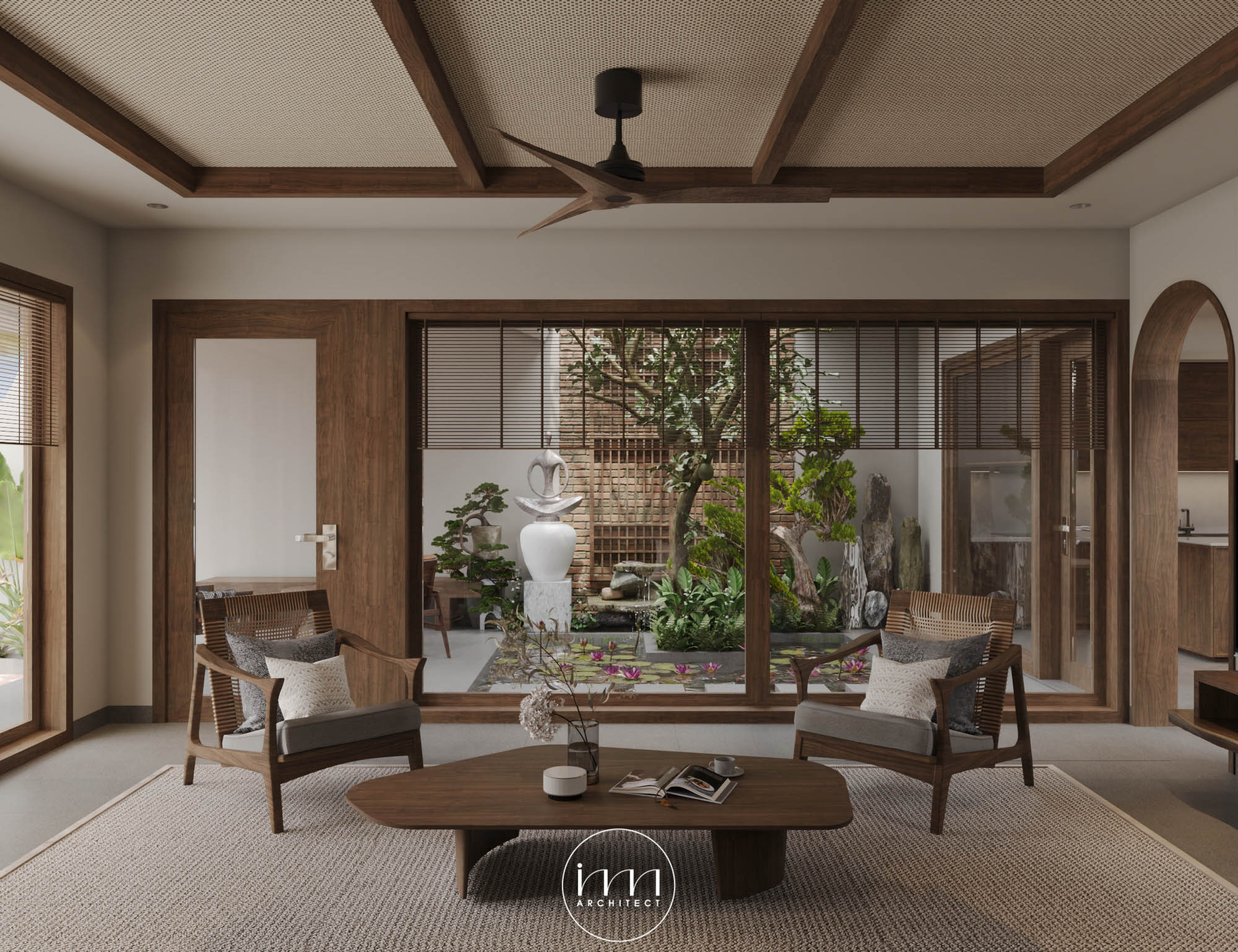 Nội thất gỗ chủ đạo được IMA Việt Nam lựa chọn phù hợp với biệt thự phong cách Japnandi