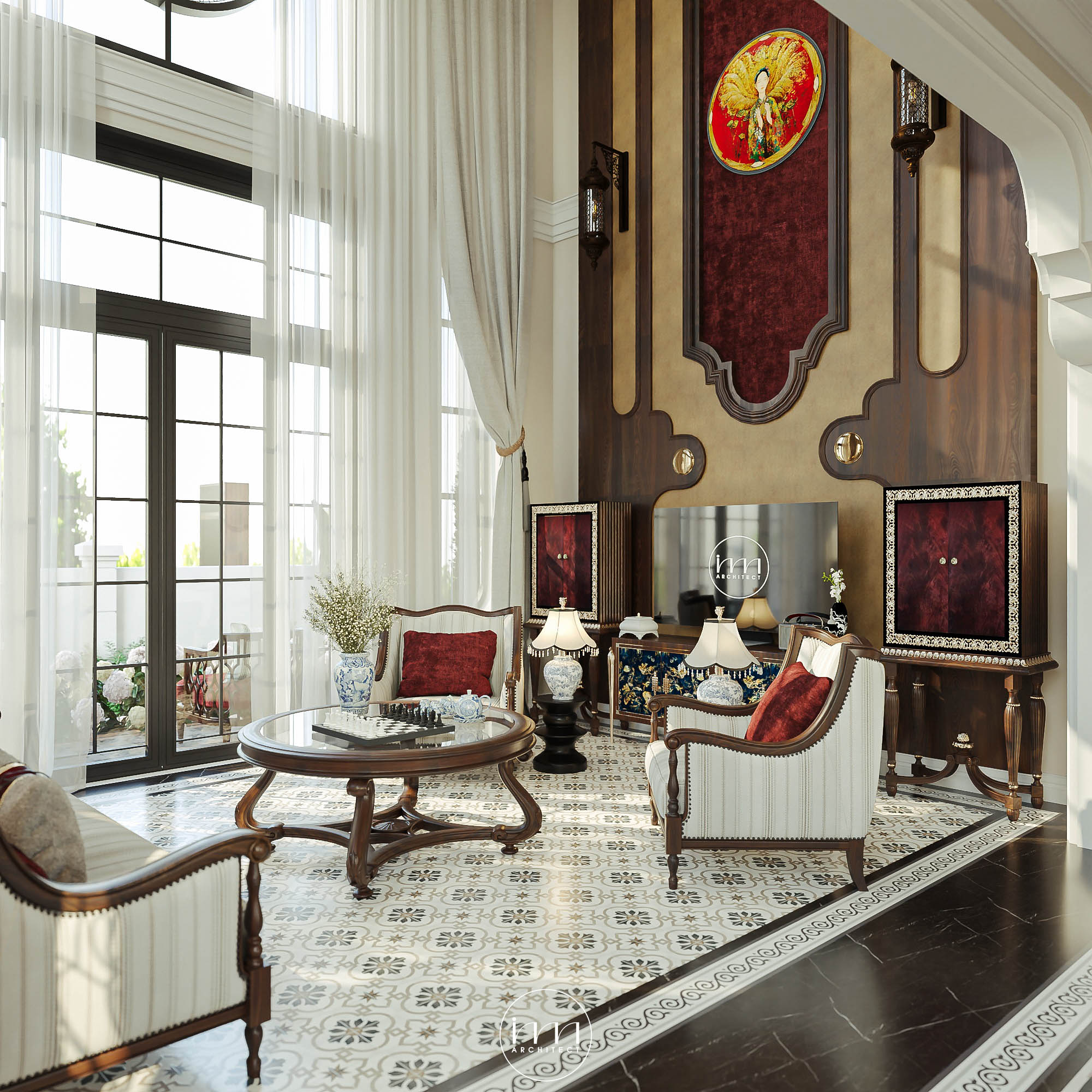 Thiết kế phòng khách phong cách Indochine được cách tân bằng những họa tiết, màu sắc hiện đại, tinh tế