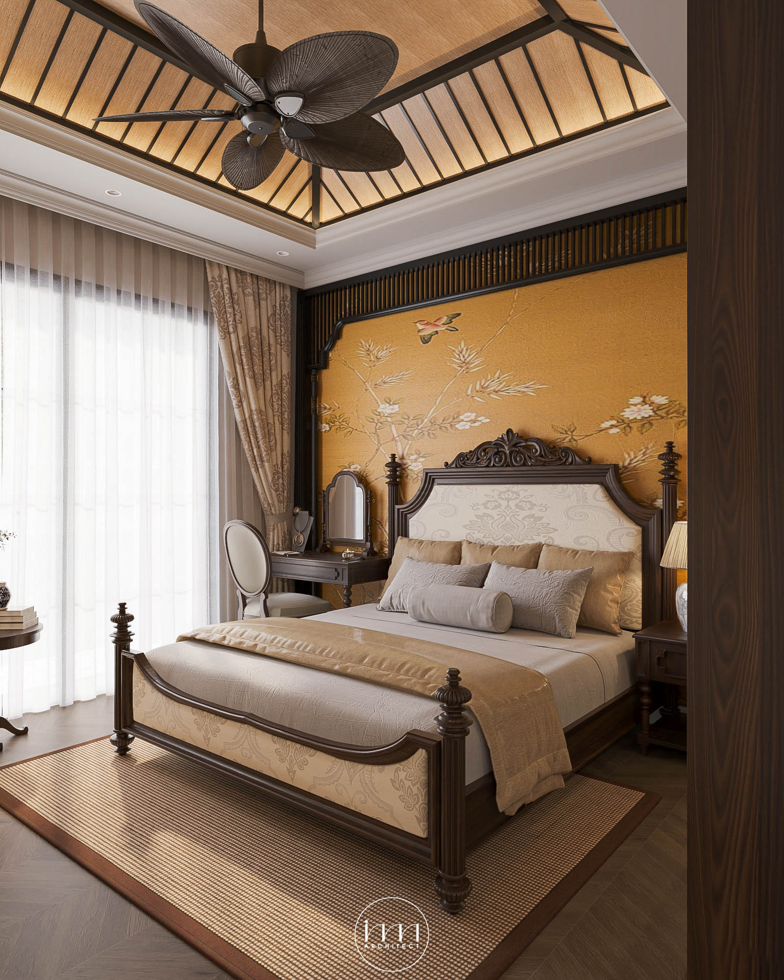 Một thiết kế phòng ngủ chứ đựng vẻ đẹp của văn hóa, lịch sử được thể hiện trên từng chi tiết chạm trổ, họa tiết hoa cỏ Đông Dương