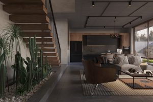 Khu vườn xanh được đặt trong khuôn viên phòng khách, kết hợp với thiết kế kính lớn giúp không gian đón sáng tự nhiên