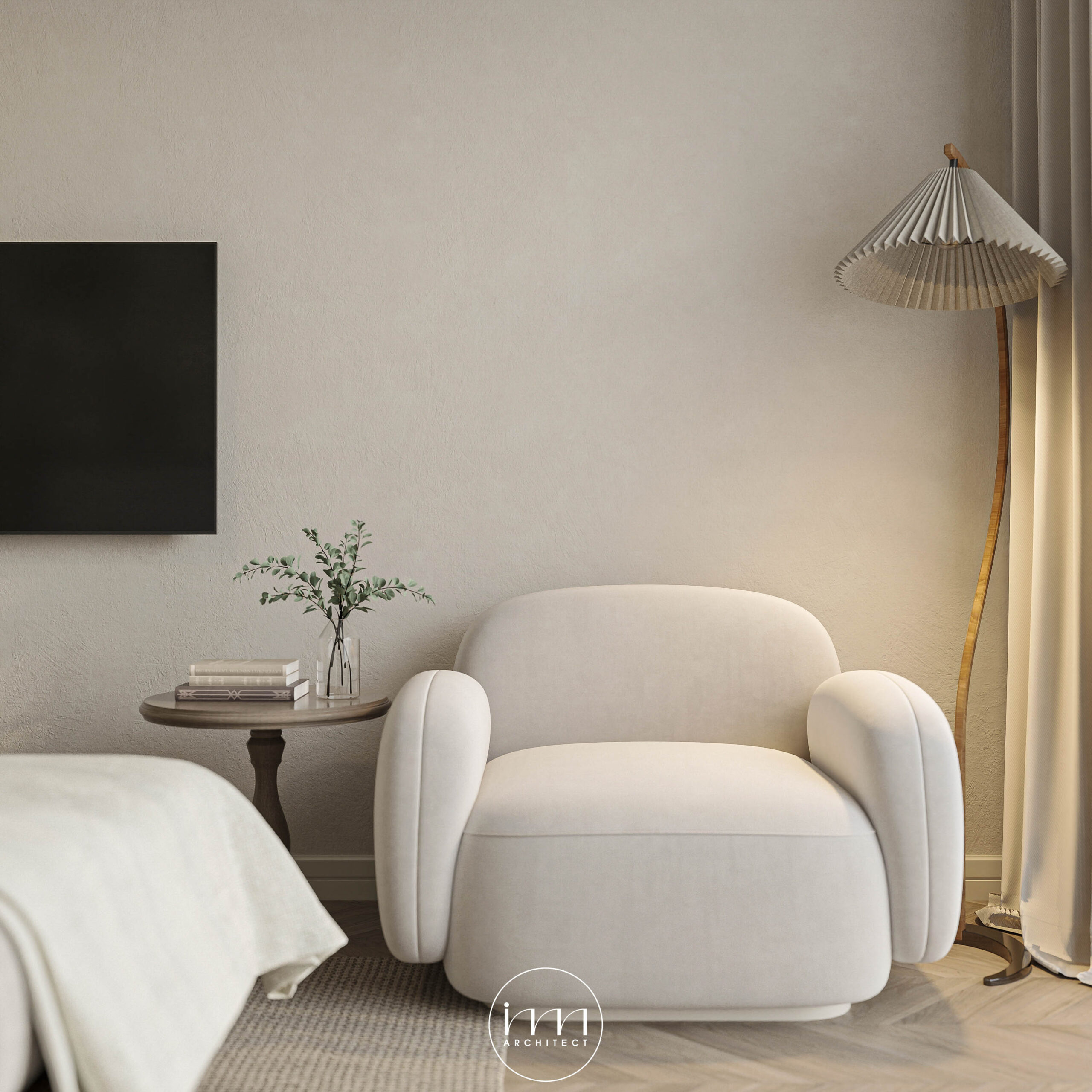 Thiết kế ghế bành linen cỡ lớn tạo nên khu vực nghỉ ngơi thư thái
