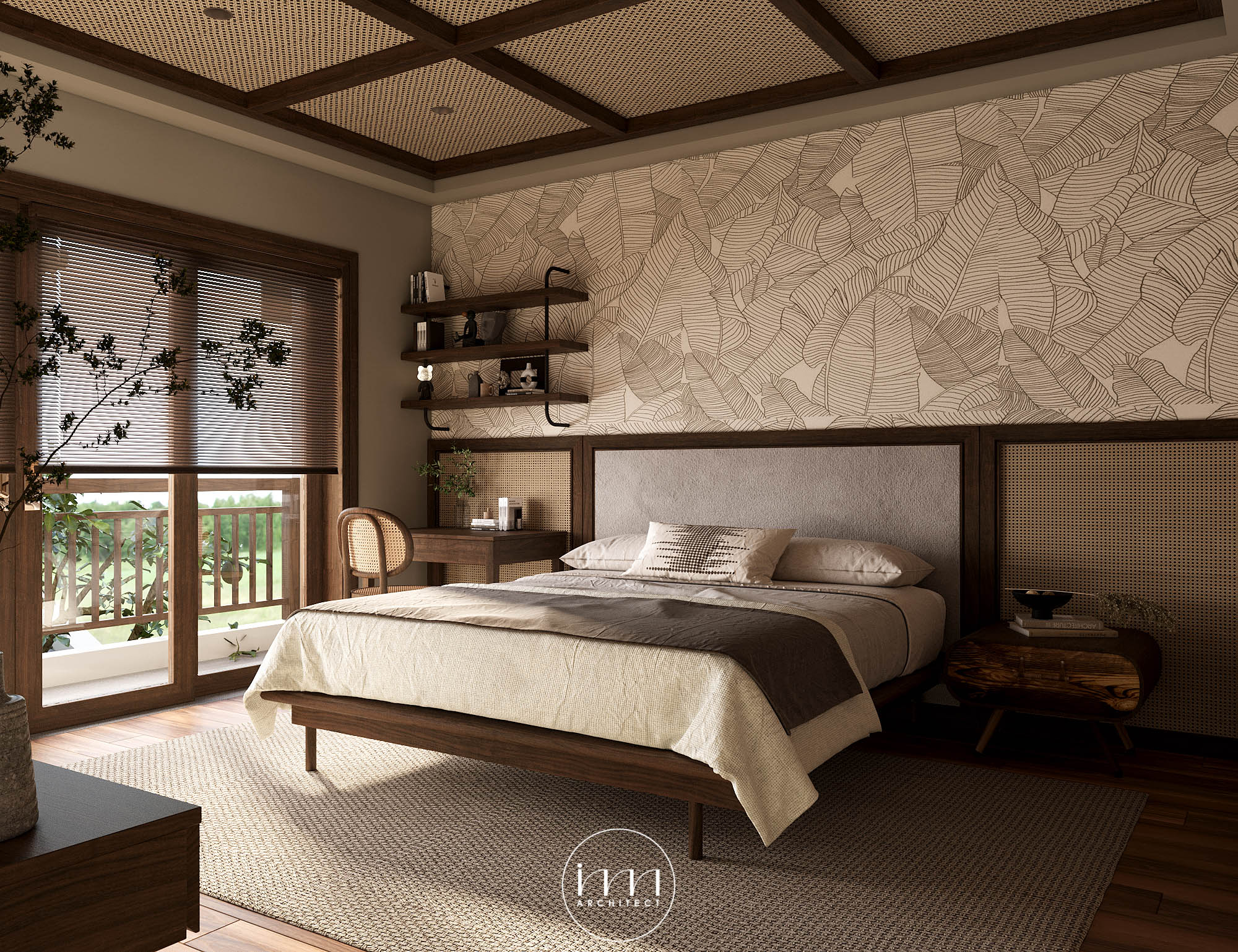 Thiết kế phòng ngủ biệt thự nhà vườn Sophie House với chất liệu gỗ, mây tre đan chủ đạo cùng họa tiết hoa văn dập nổi