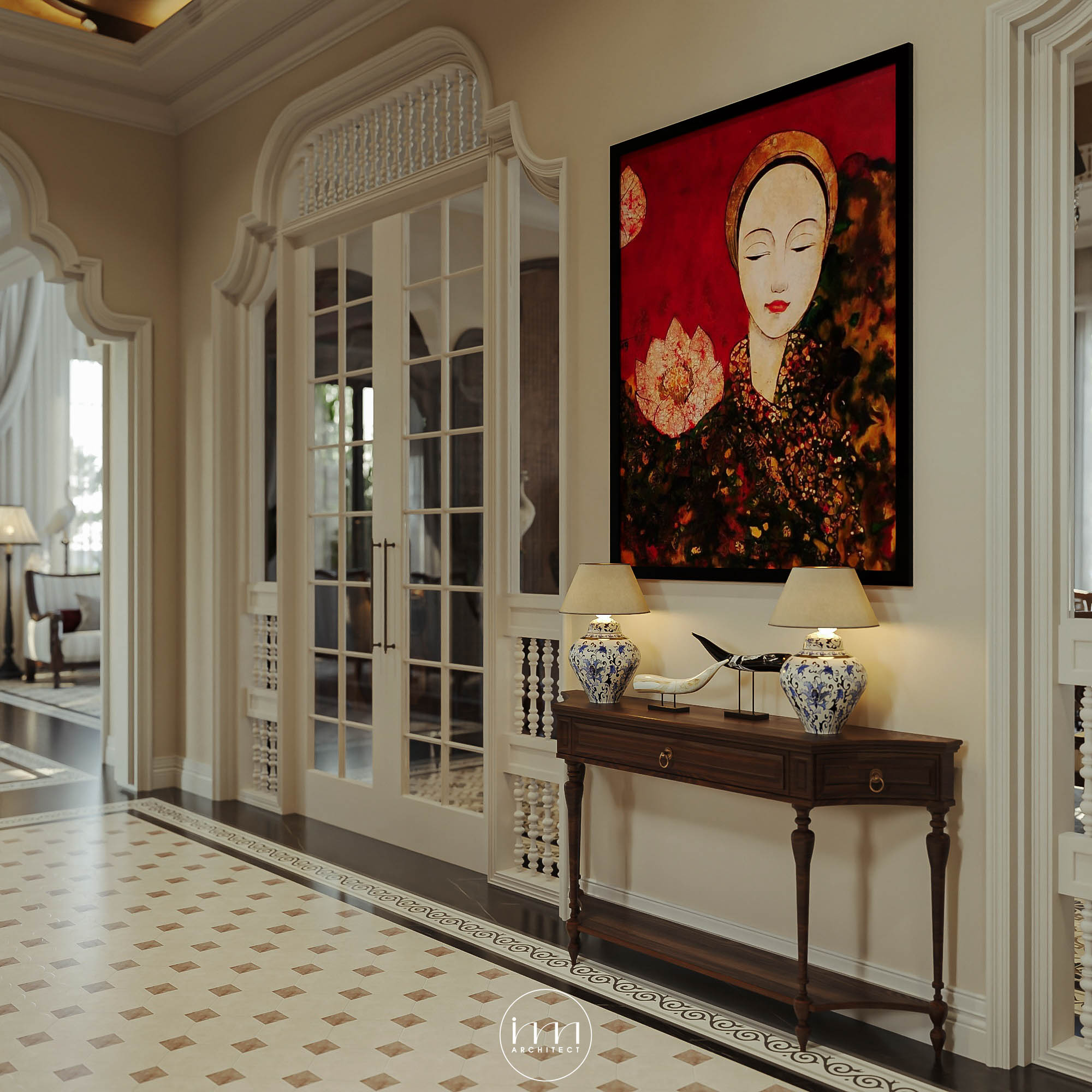 Lựa chọn tranh trang trí với gam màu đỏ và hình ảnh người phụ nữ Việt Nam trong trang phục áo dài truyền thống
