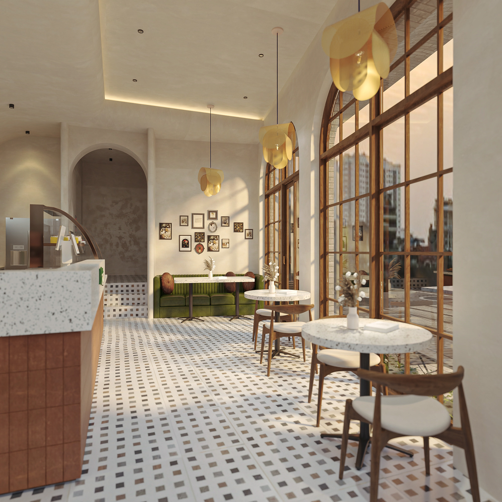 Thiết kế quầy bar trà bánh, bàn ghế với chất liệu linen là những yếu tố chủ đạo giúp không gian thêm phần chữa lành