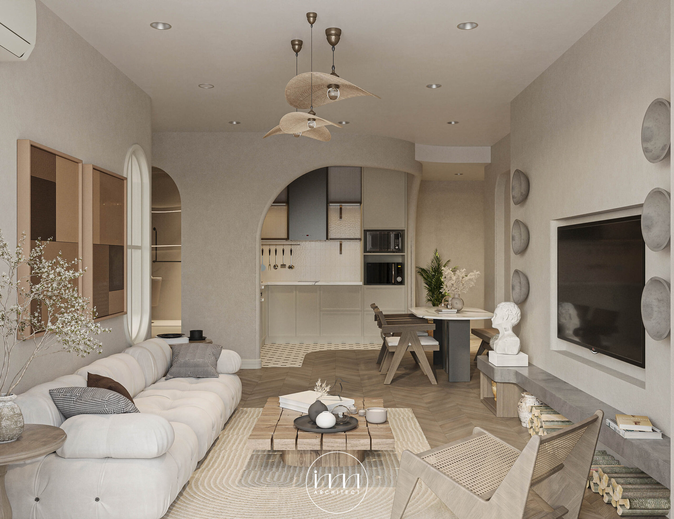 Thiết kế phòng khách trong căn hộ chung cư An Nhiên House mang đậm vẻ đẹp mộc mạc của Wabi-Sabi
