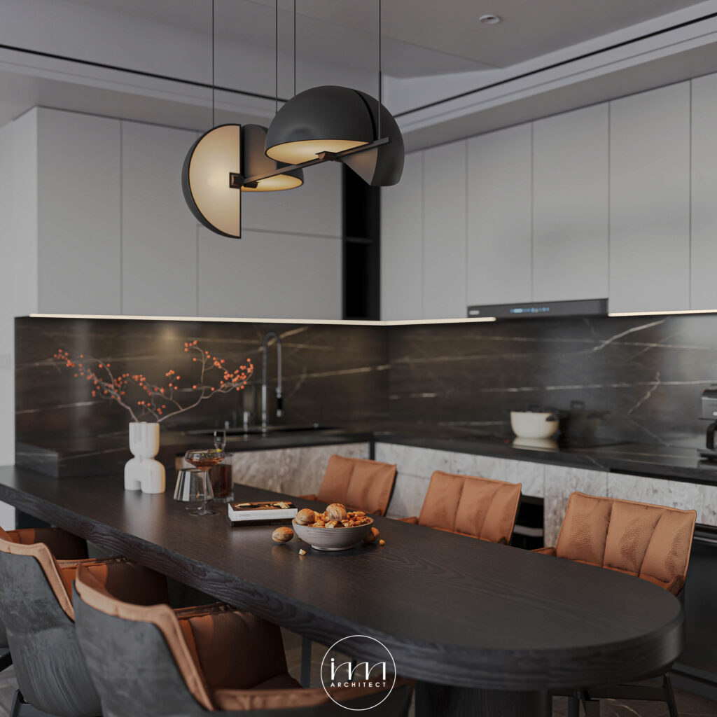 Sử dụng chất liệu đá cẩm thạch với họa tiết vân đá marble vàng trên nền đá đen giúp tạo điểm nhấn cho không gian bếp