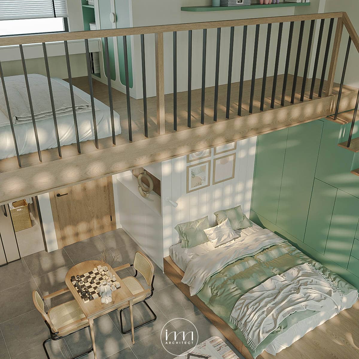 Nếu con cái muốn có phòng ngủ riêng tư, bạn cũng có thể áp dụng thiết kế phòng studio 2 ngủ