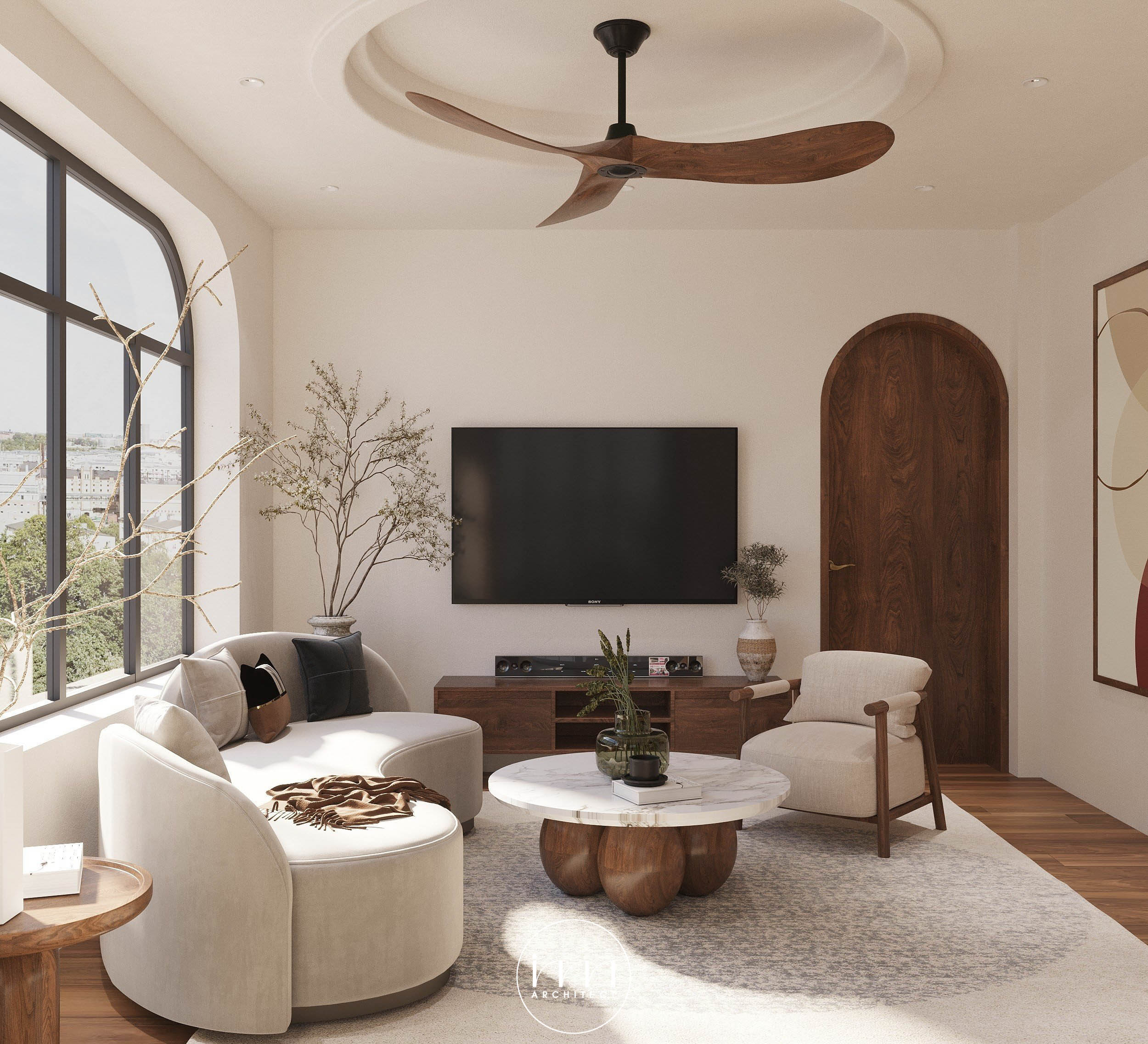 Một thiết kế phòng khách với chất liệu chính là gỗ tự nhiên, vải linen cho nội thất