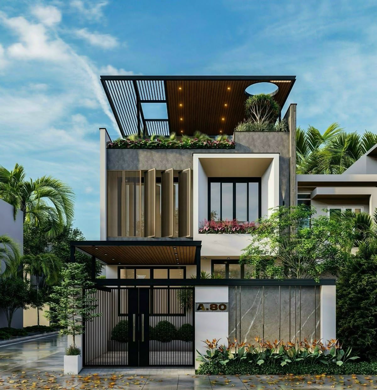 Thiết kế biệt thự hiện đại 3 tầng cùng không gian ban công tràn ngập cây xanh