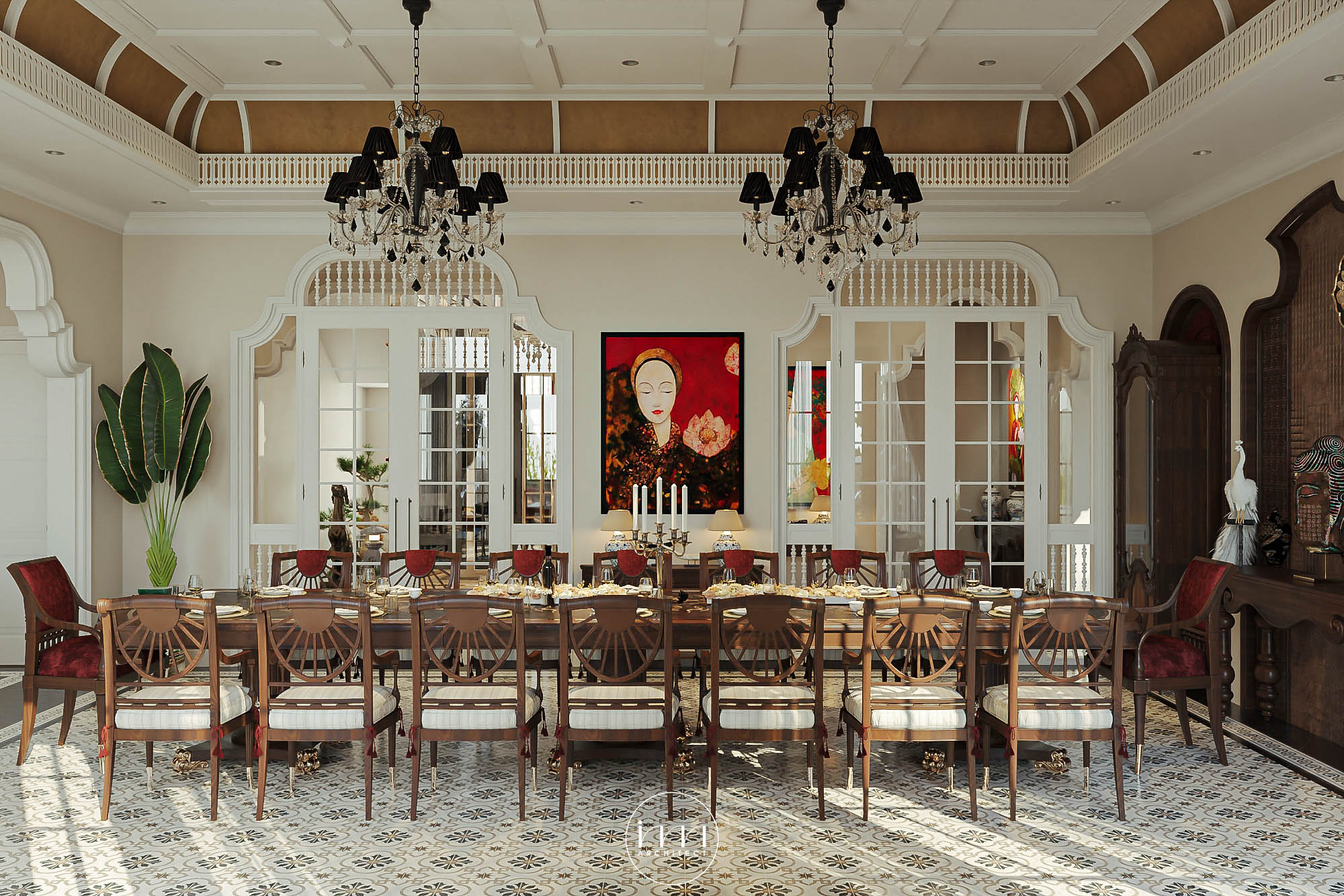 Nội thất Indochine với chất liệu chủ đạo gỗ cùng gạch bông truyền thống