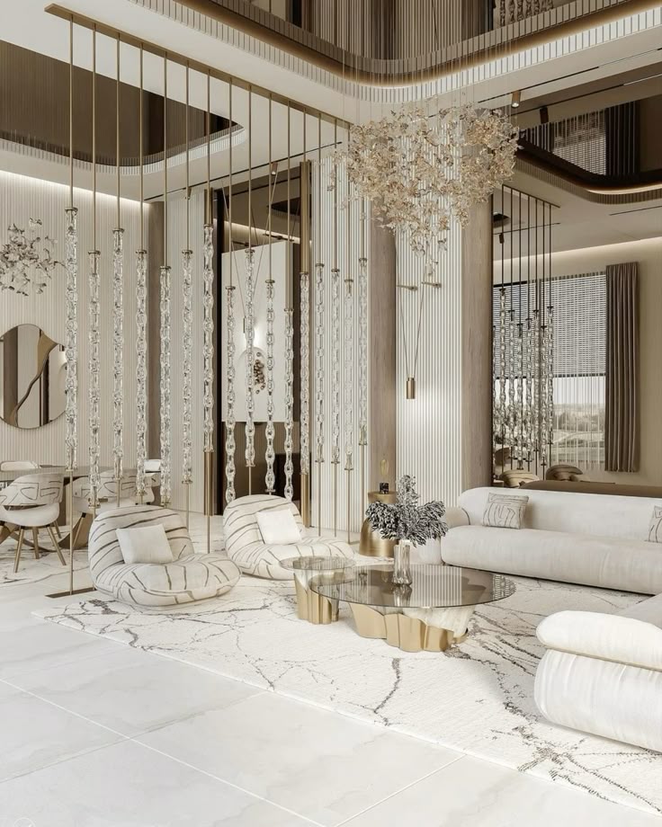 Thiết kế nội thất phòng khách Tân Cổ Điển với hệ thống đèn trùm độc đáo
