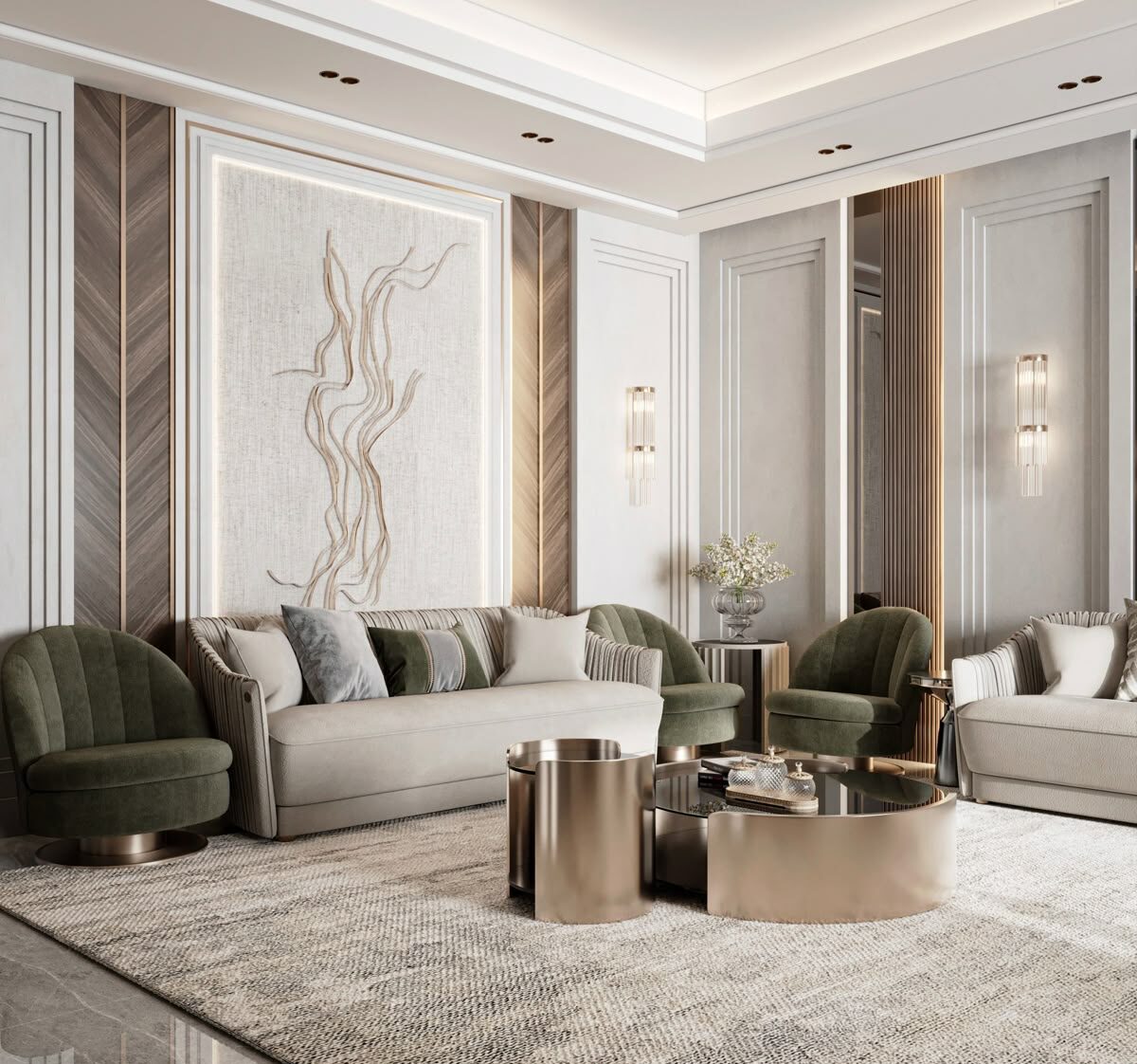 Thiết kế phòng khách Tân Cổ Điển hiện nay cũng được cách tân, loại bỏ đi những phào chỉ, hoa văn cầu kì