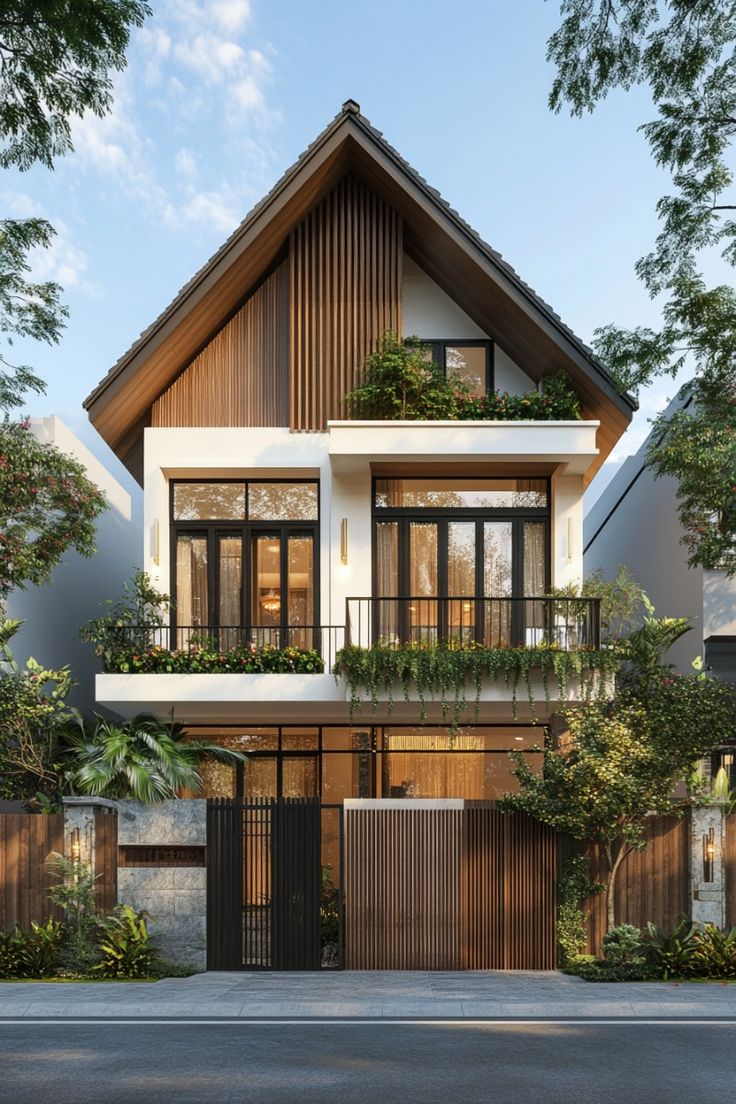 Thiết kế biệt thự với mái dốc cùng chất liệu gỗ chủ đạo