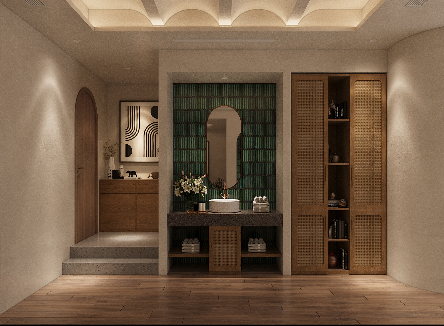 Gam màu ngọc lục bảo là điểm nhấn cho không gian chủ đạo của Spa9