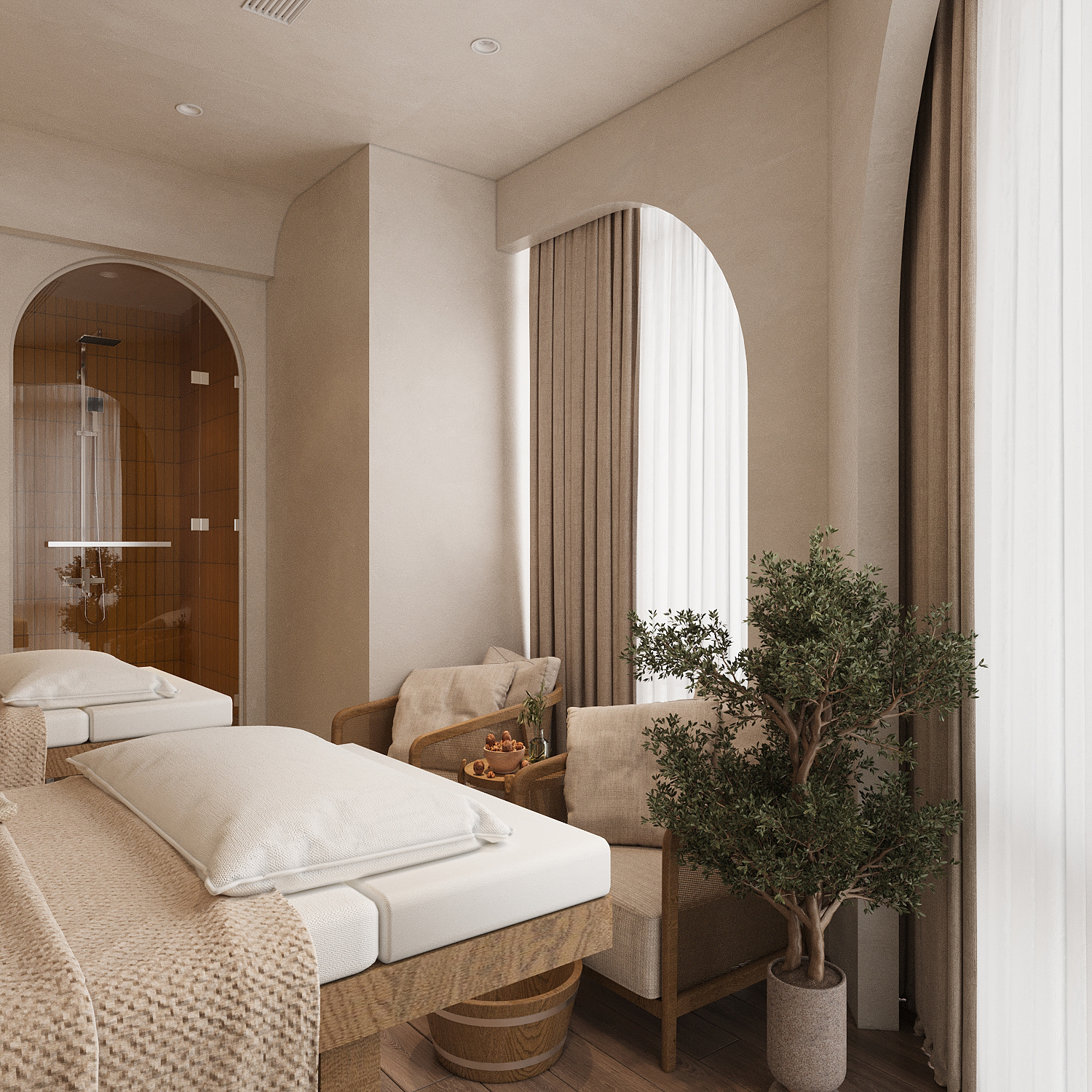 Tường gạch mộc với gam màu vàng cam đất là điểm nhấn không gian của Spa9