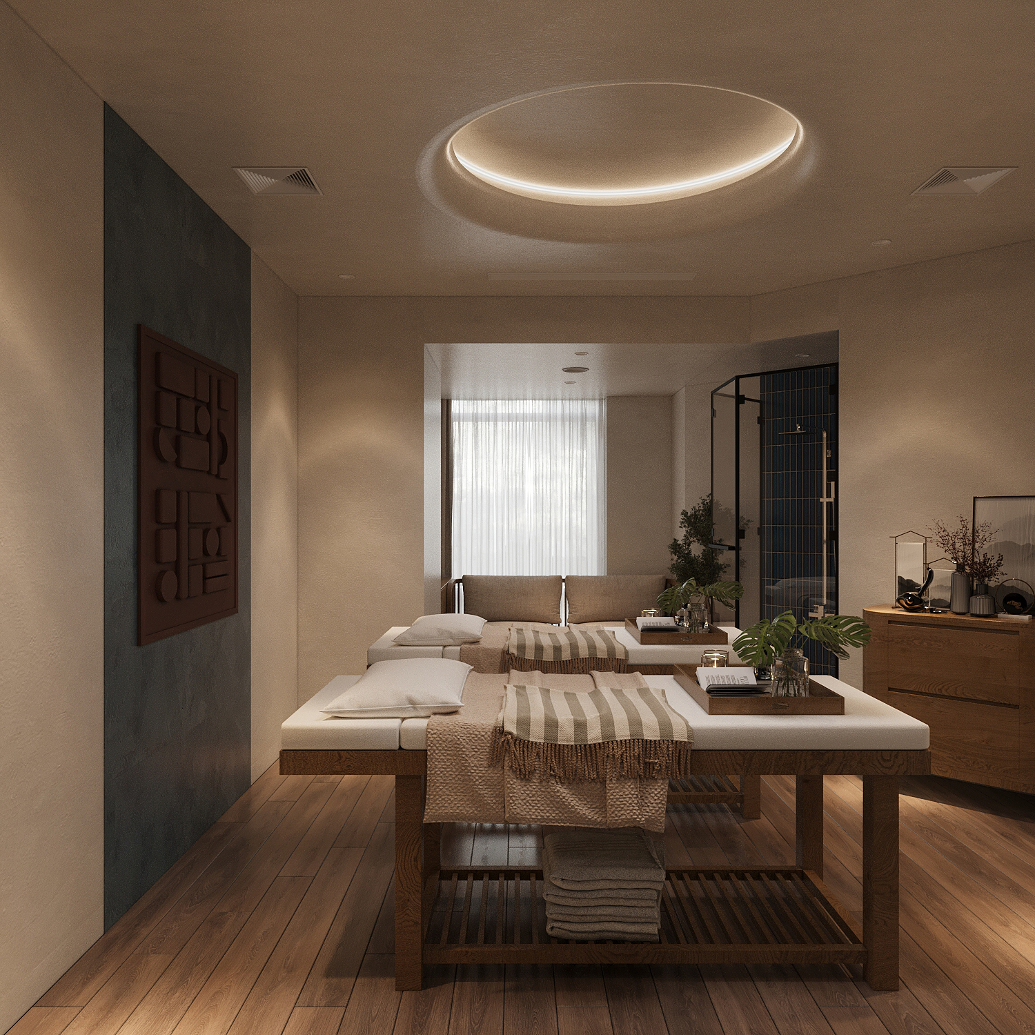 Spa9 Lotte được bài trí bằng những bức phù điêu xuyên suốt không gian