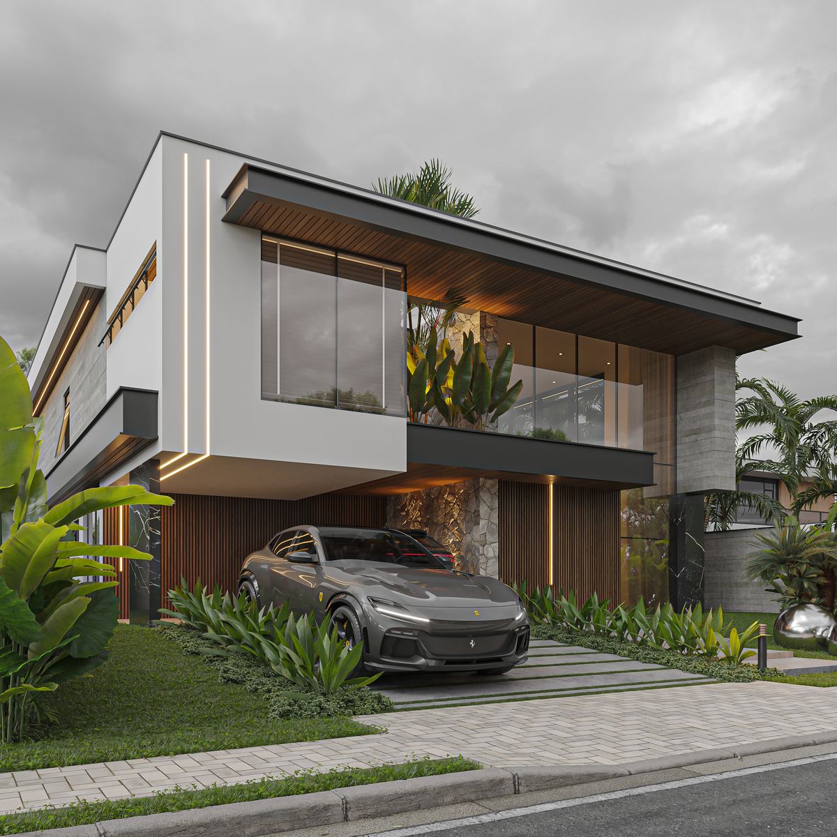 Thiết kế biệt thự hiện đại với gara bán hầm, vừa đảm bảo an toàn cho xe, vừa tăng thêm sự bề thế cho công trình
