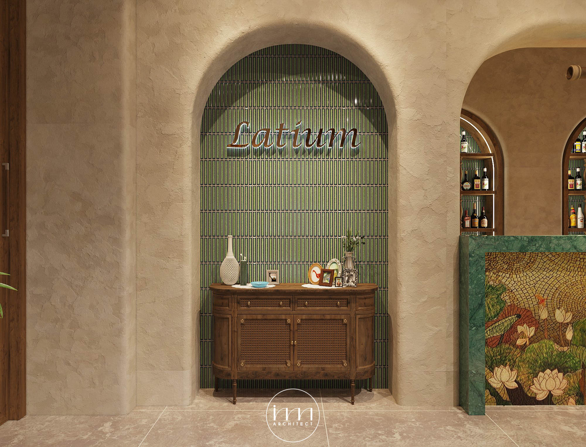 Gạch mosaic được lựa chọn làm điểm nhấn cho thiết kế nhà hàng Địa Trung Hải Platium