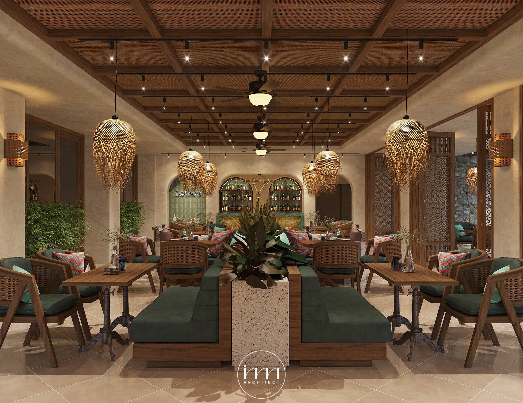 Tinh thần bao trùm lên nhà hàng Địa Trung Hải Platium chính là sự kết hợp hài hòa giữa vẻ đẹp phóng khoáng và sự trầm ấm của gỗ
