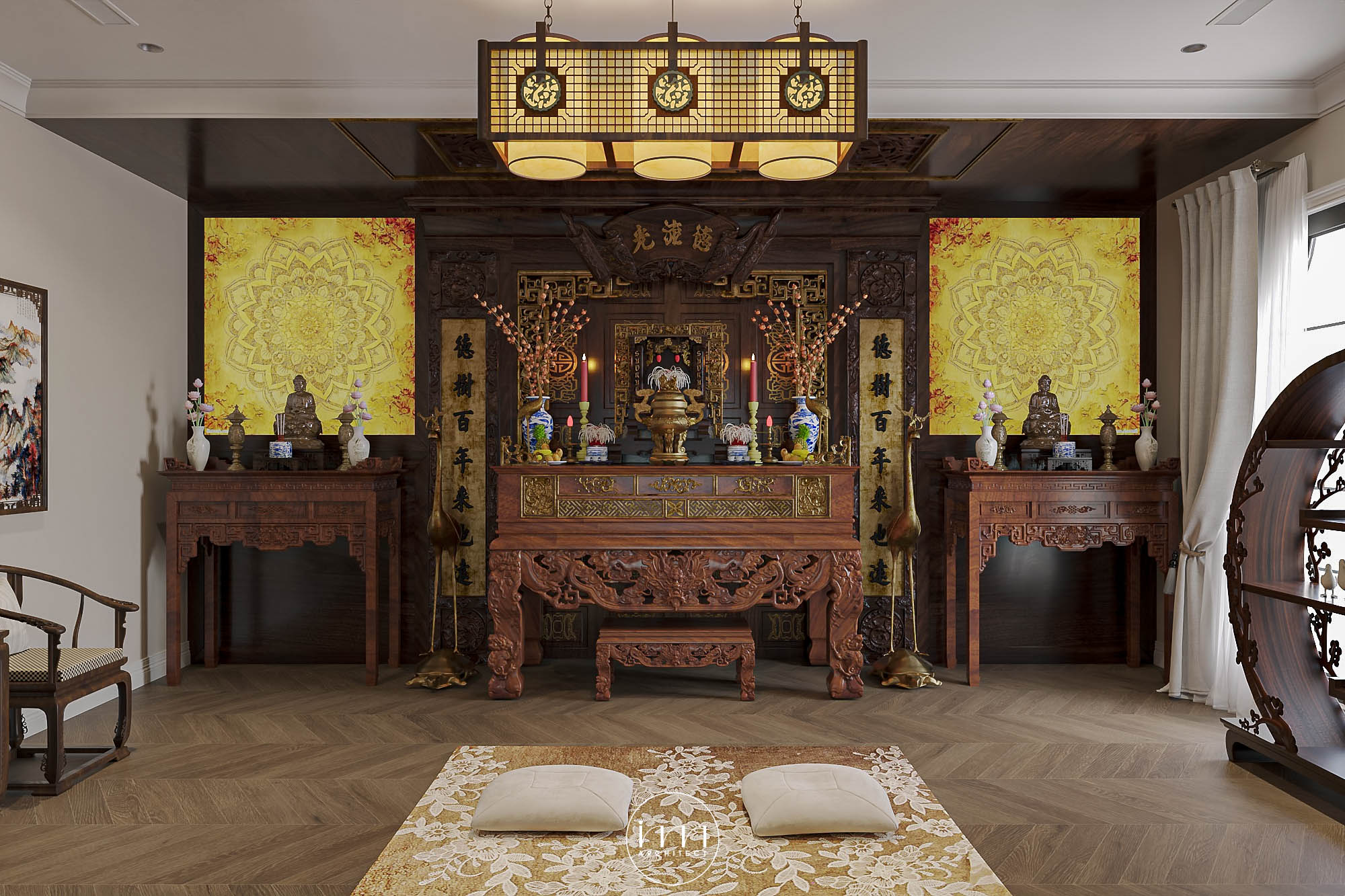 Không gian phòng thờ Indochine mang đậm nét văn hóa Á Đông, nơi ánh sáng vàng nhẹ lan tỏa khắp căn phòng, tạo nên cảm giác ấm cúng và linh thiêng.