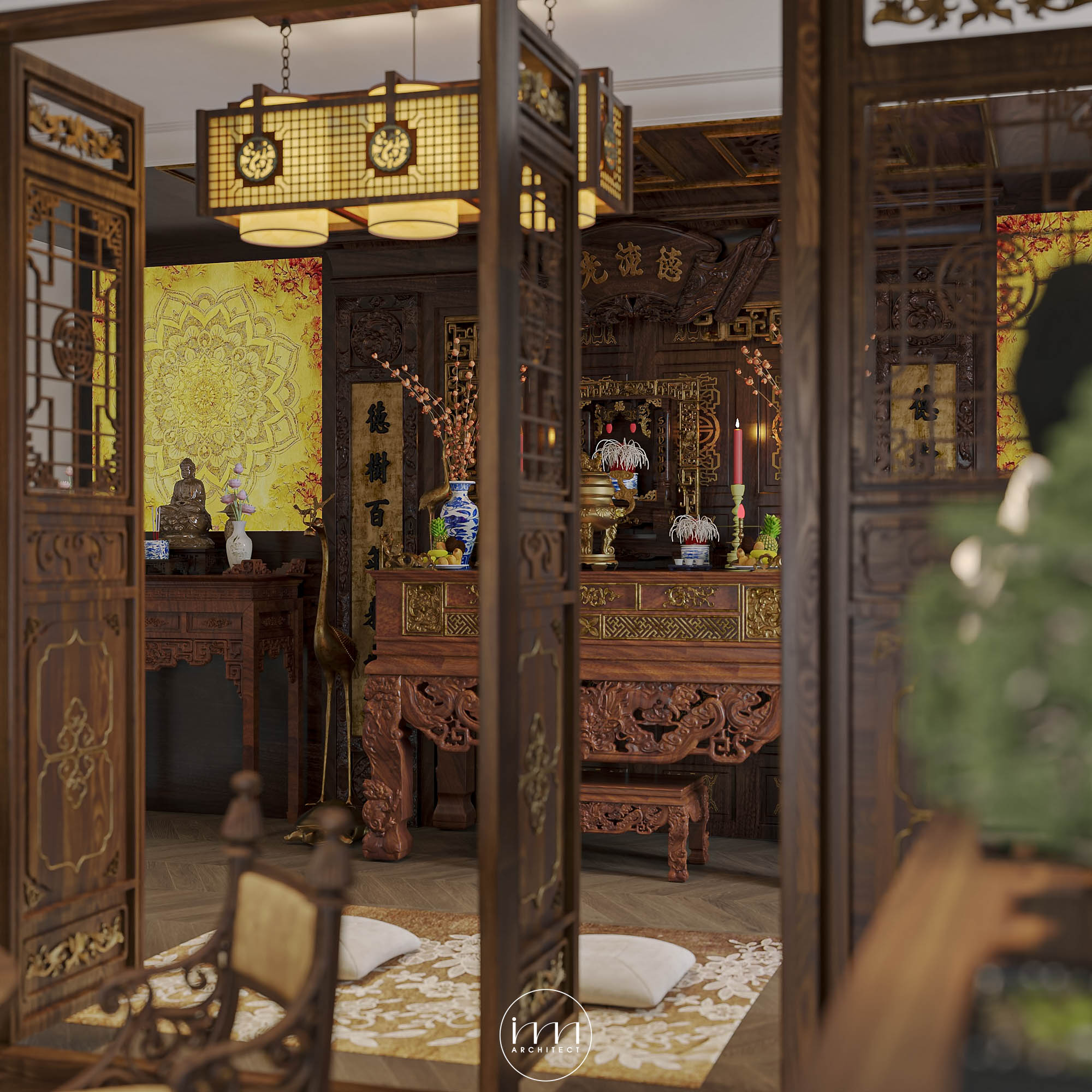 Bàn thờ Indochine được đặt trên nền sàn gỗ sẫm màu, gợi cảm giác chắc chắn, vững chãi – biểu tượng của gốc rễ và cội nguồn.