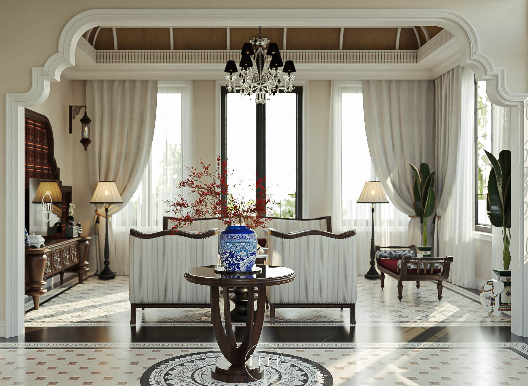 Gốm Bát Tràng được sử dụng cho trang trí phòng khách Indochine