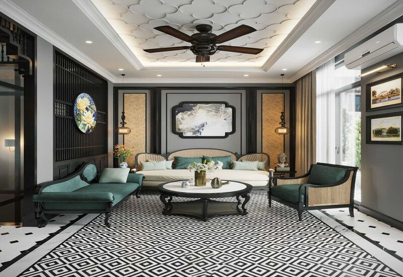 Thiết kế nội thất căn hộ chung cư phong cách Indochine với những món đồ nội thất với thiết kế cổ điển, màu sắc đậm