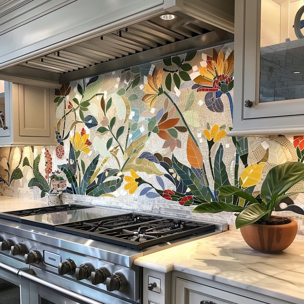 Đảo bếp ốp mosaic ánh kim nổi bật như trung tâm của căn bếp, thu hút mọi ánh nhìn ngay từ lần đầu chạm mắt.