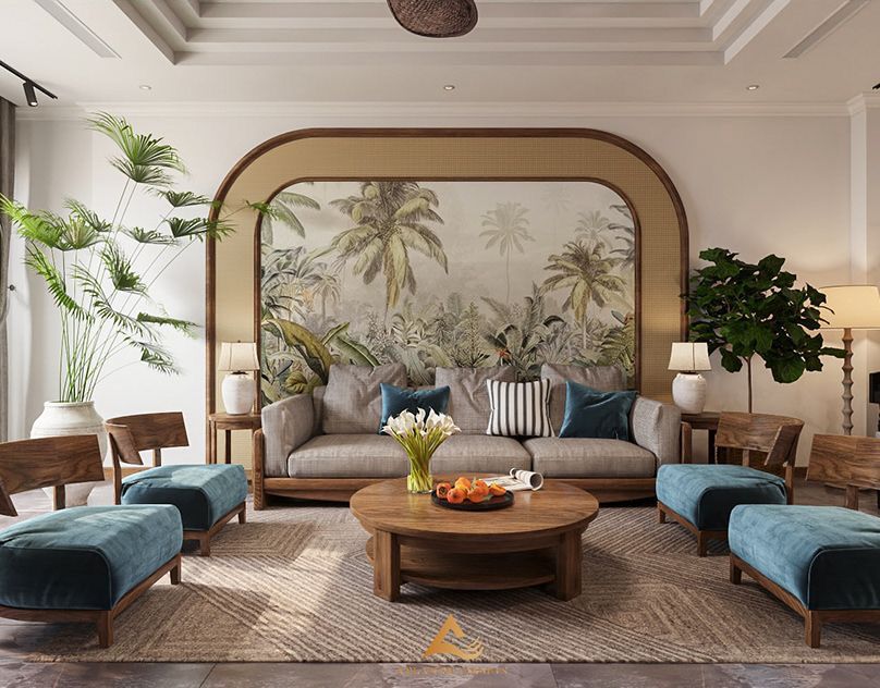 Bức tường trang trí hoa lá cách điệu gợi nên nét quyến rũ Á Đông – nơi nghệ thuật chạm khắc thủ công gặp gỡ tinh thần kiến trúc Pháp cổ, tạo nên vẻ đẹp vừa cổ điển, vừa phóng khoáng.