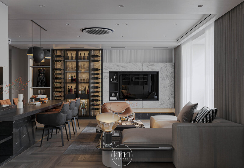 Thiết kế nội thất căn hộ chung cư hiện đại ưu tiên công năng và đường nét gọn gàng