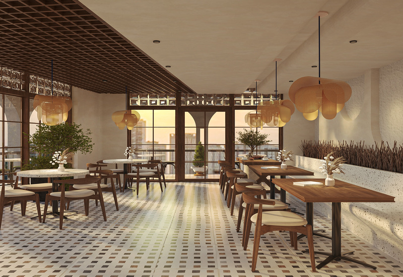 Tổ hợp quán cafe - nhà hàng H3Q với màu sắc trung tính, cùng vật liệu thô mộc tự nhiên