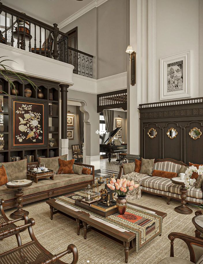 Phòng khách phong cách Indochine với tông màu trầm ấm, nội thất gỗ tự nhiên và ánh sáng vàng dịu tạo cảm giác ấm cúng, thanh lịch