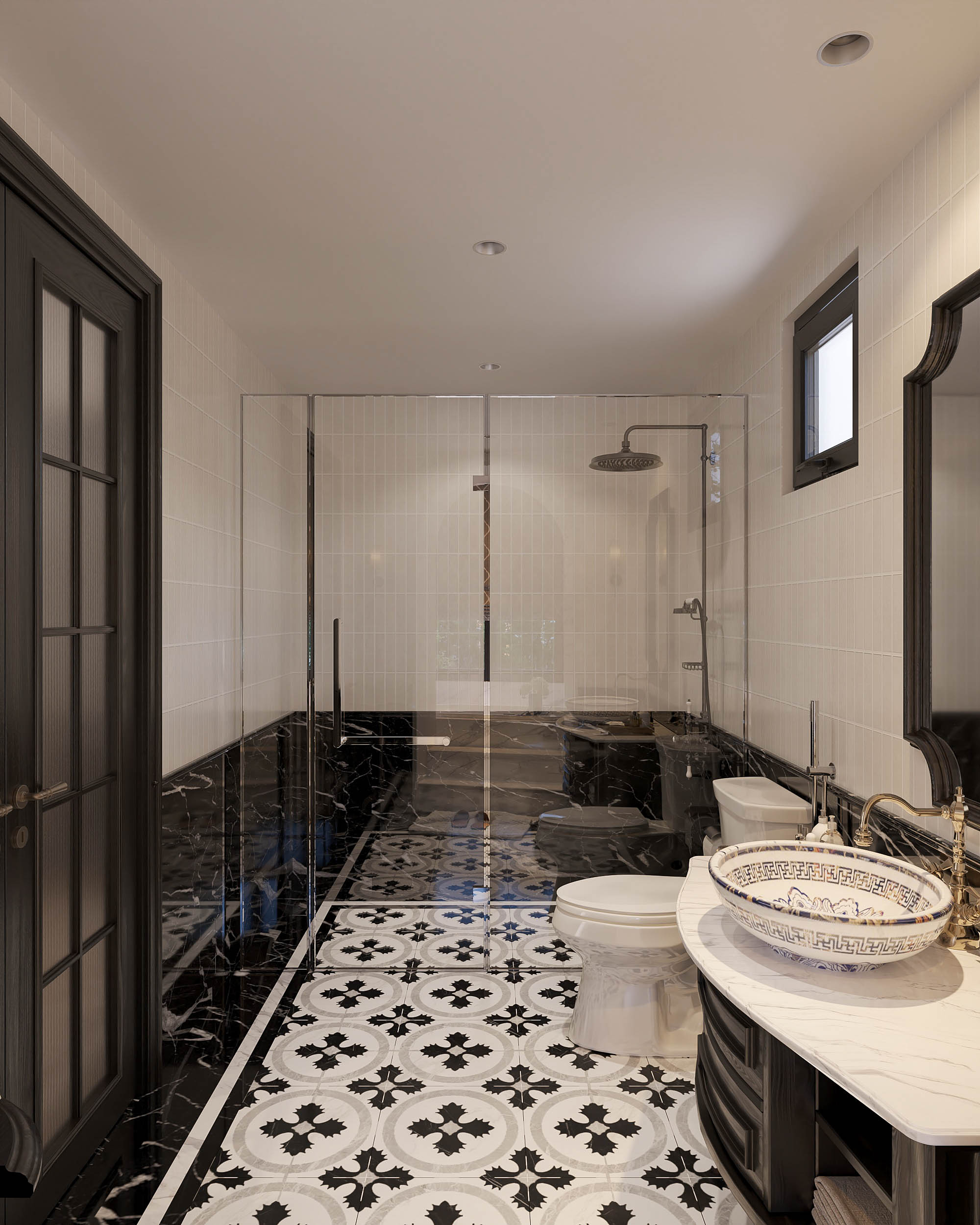 Phòng tắm với gạch mosaic và ánh sáng tự nhiên, mang lại trải nghiệm thư giãn như spa tại gia – kết hợp hoàn hảo giữa sự sang trọng và mộc mạc.