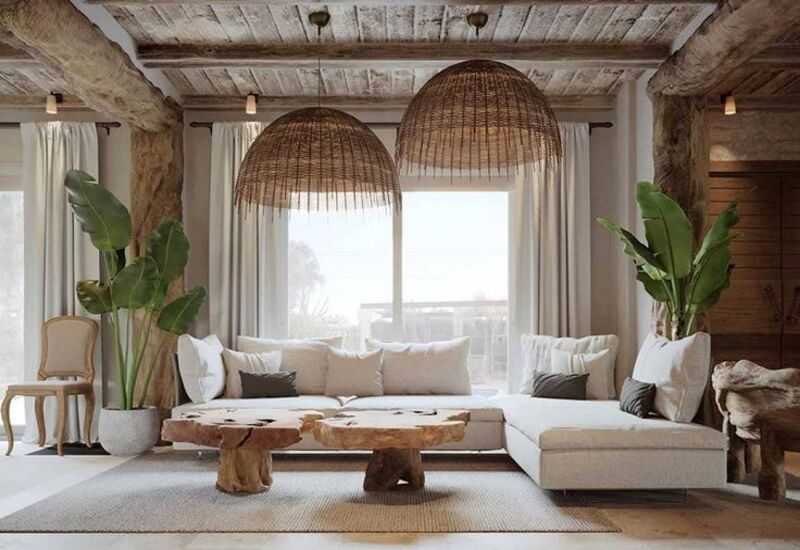 Nội thất sử dụng các chất liệu mộc như đá, gỗ, mây tre đan tạo nên cảm giác quen thuộc